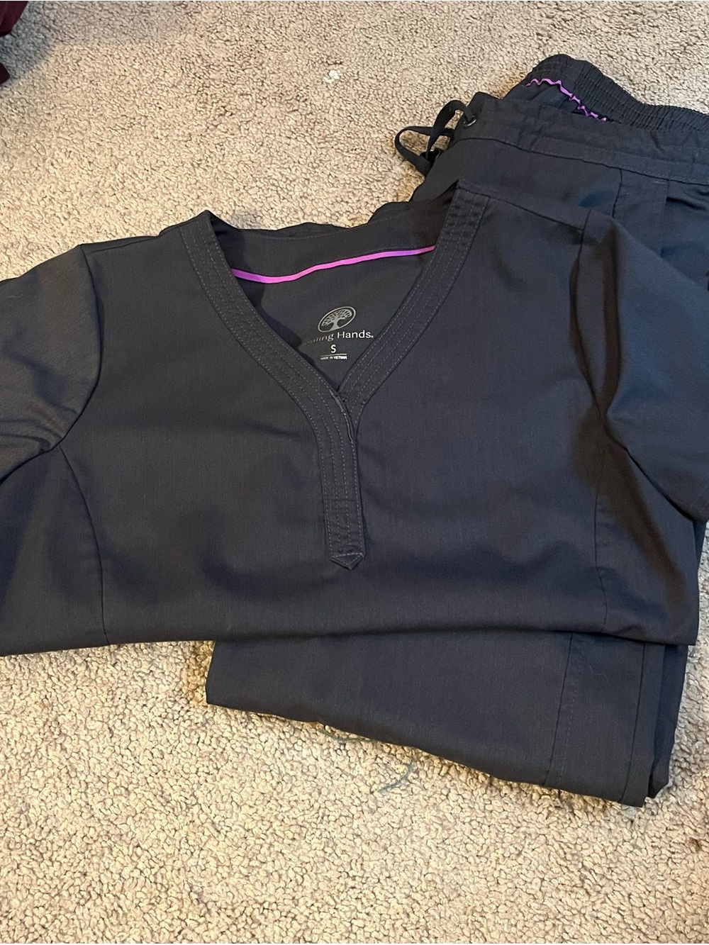 healing hands Black Scrub Top and Drawstring Pants with Purple Trim